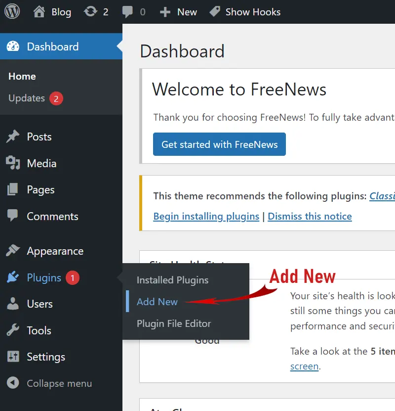 Dashboard to find new plugin to Hide Author Name in Blog Posts