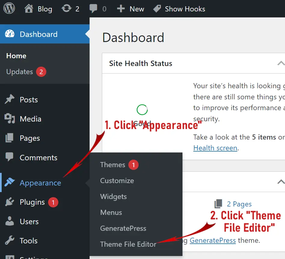 First step Screenshot of the Appearance in Dashboard How To Add Meta Tags In WordPress Without Plugin