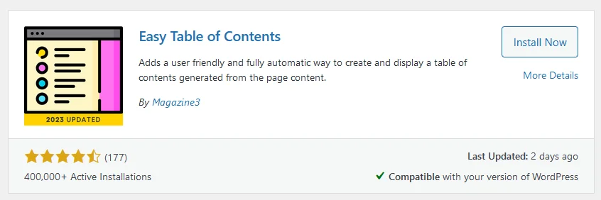wordpress widget plugin of Easy Table of Contents