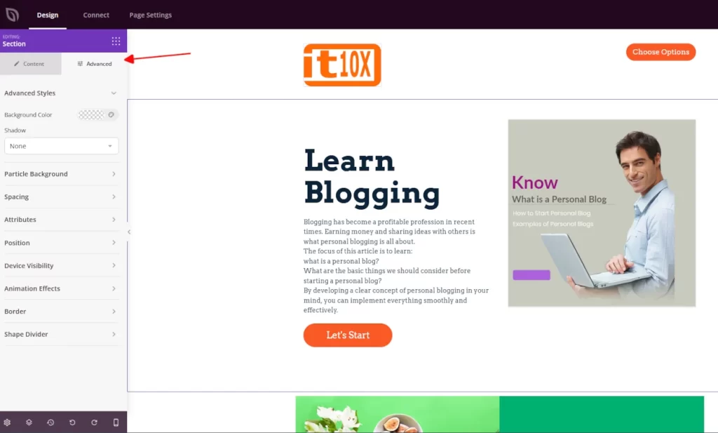 Landing Page in WordPress advance settings