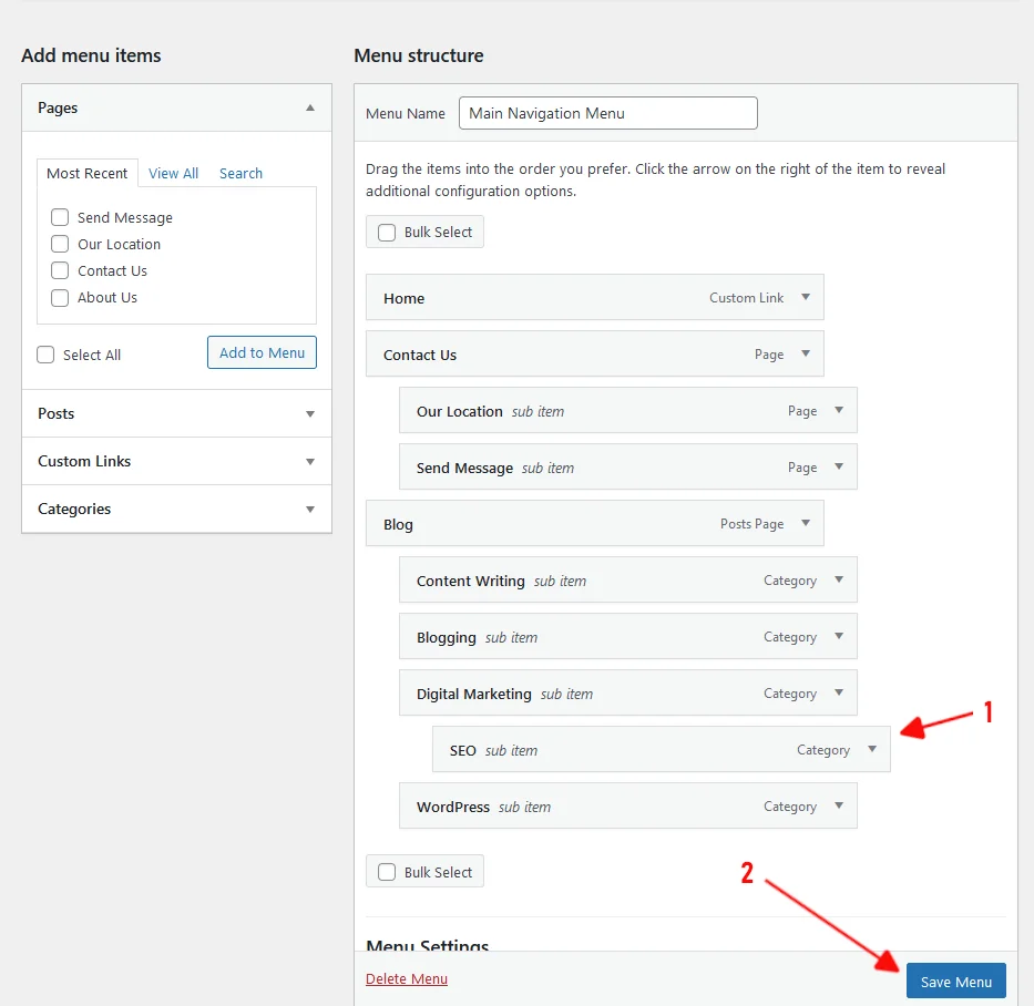 WordPress multi level sub menu