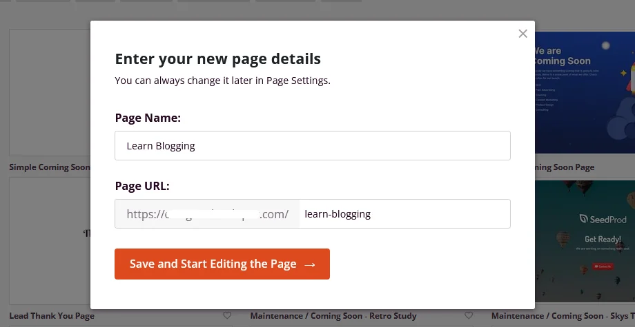 Landing Page in WordPress adding page name