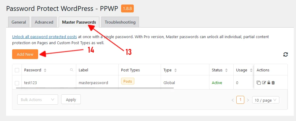 Password Protect WordPress plugin master password